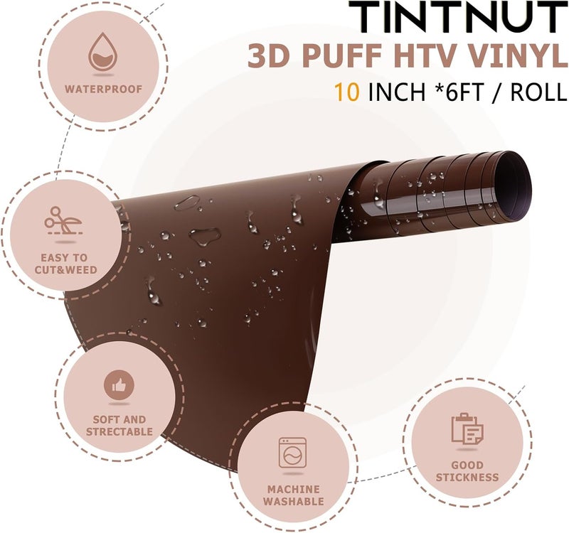 Tintnut Puff Vinyl Heat Transfer - 10inches x 6ft 3D Brown Derby Puff HTV Roll Heat Transfer Vinyl Foaming Colorful Puffy Iron on Vinyl for T-Shirts DIY Compatible with Cricut or Silhoutte Cameo - Image 2
